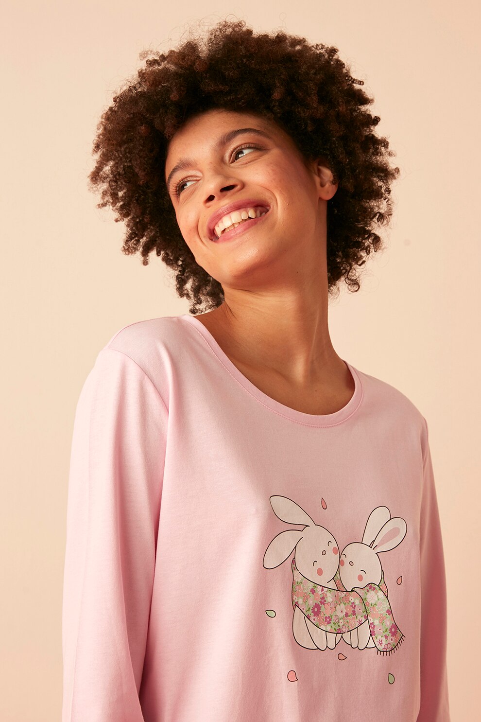 Penti, Pijama cu decolteu rotund si imprimeu, Roz/Alb/Verde