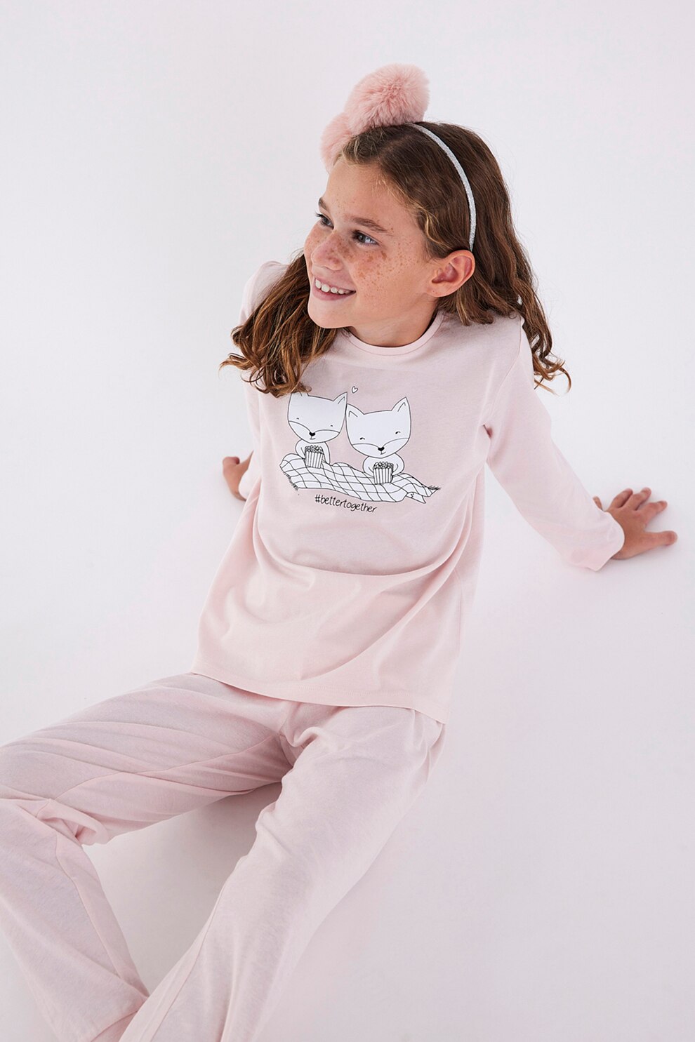 Penti, Pijama de bumbac cu imprimeu, Roz piersica/Alb