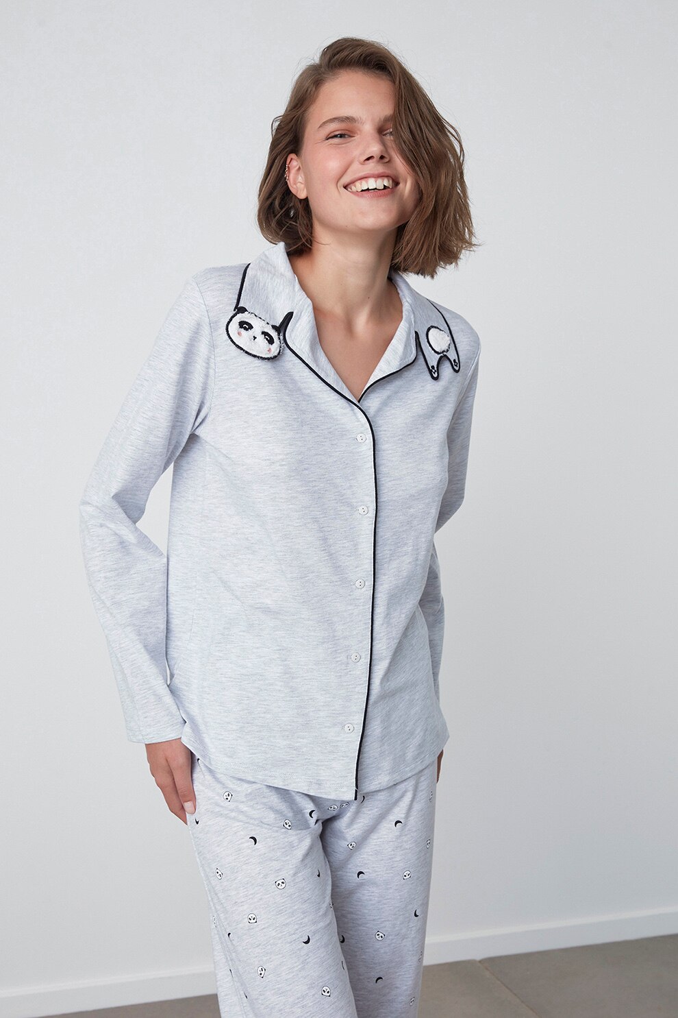 Penti, Pijama din amestec de bumbac cu imprimeu, Gri deschis melange