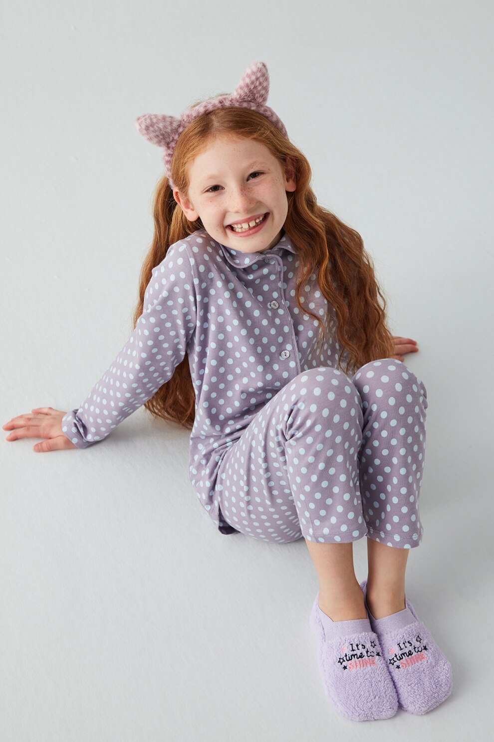 Penti, Pijama lunga cu buline, Lila prafuit/Alb