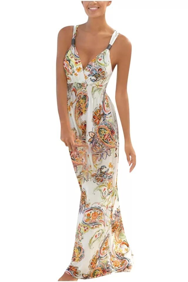 Rochie Dama Lunga cu Imprimeu Abstract, Alb