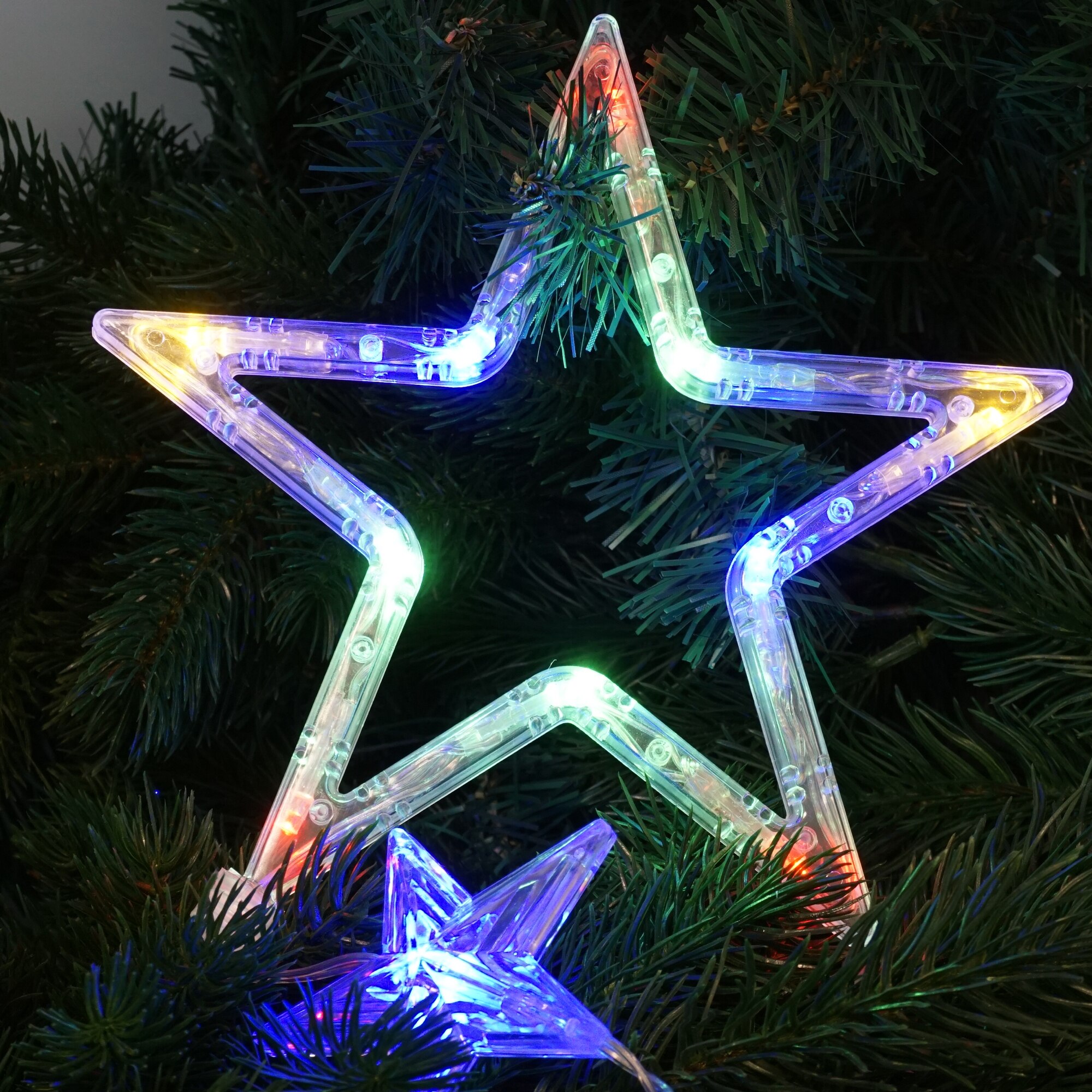 Figurina Craciun fereastra, stea 11 LED-uri multicolor, pvc, cablu transparent, alimentare baterie