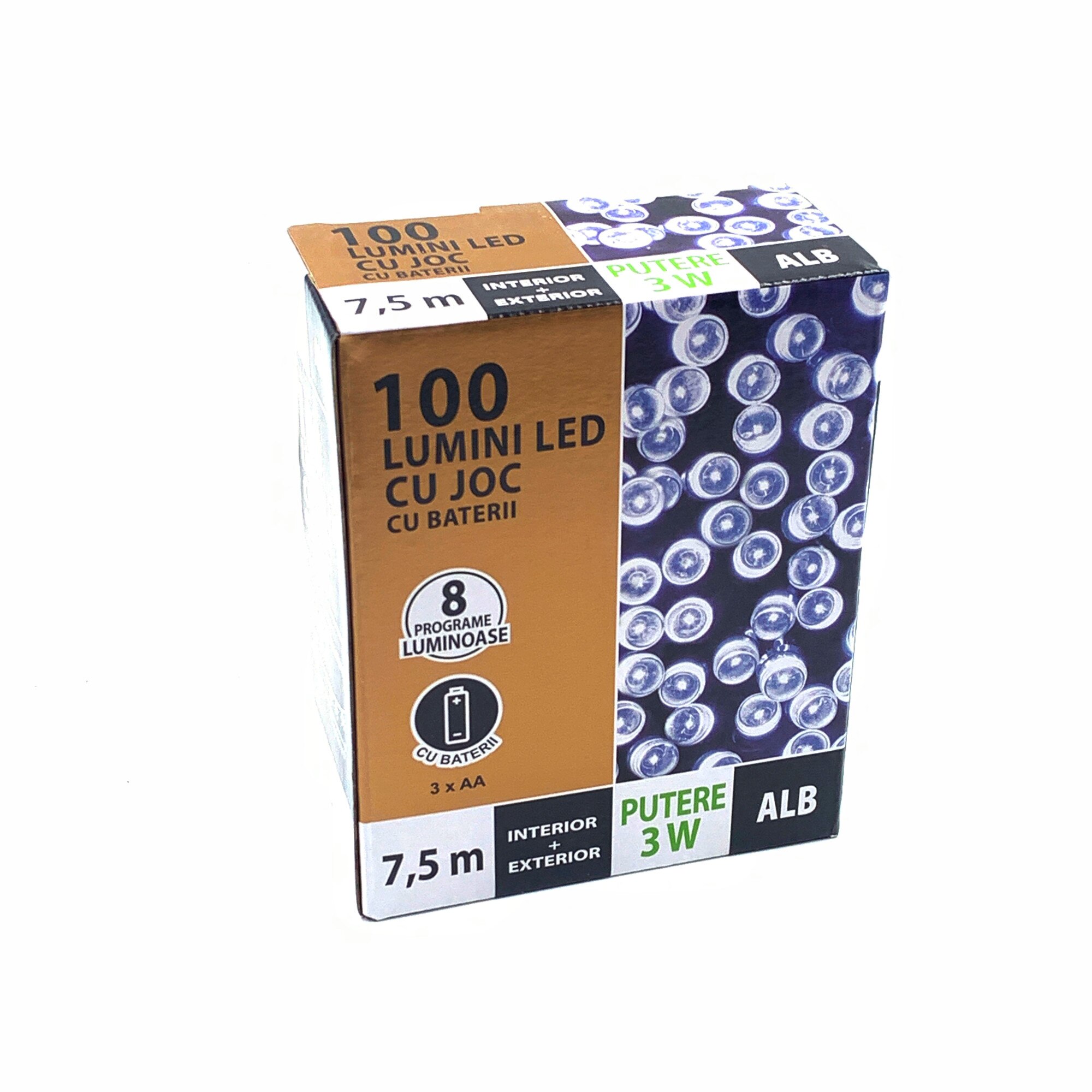 Instalatie Craciun Cris, sir 100 LED-uri alb rece, 8 functii, cu timer, 7.5m, alimentare baterie