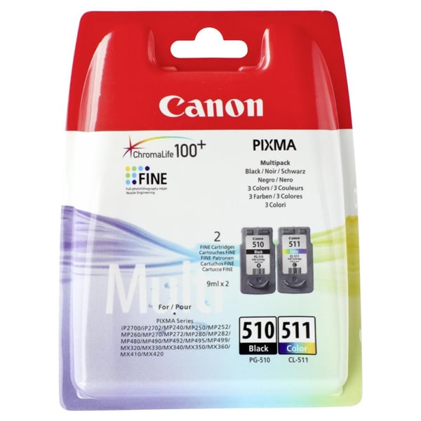 Set 2 cartuse cerneala Canon PG-510 + CL-511 pentru Pixma iP2700 / Pixma MP230 / Pixma MP240 / Pixma MP250 / Pixma MP270 / Pixma MP280 / Pixma MP330 / Pixma MP480 / Pixma MX320 / Pixma MX410, 9ml + 9ml , OEM BS2970B010AA