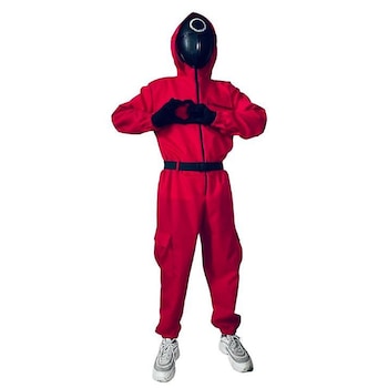 Costum Squid game SIKS®, jocul calamarului, salopeta, curea si masca cu model cerc, marime universala, unisex, rosu Costum Squid game SIKS®, jocul calamarului, salopeta, curea si masca cu model cerc, marime universala, unisex, rosu
