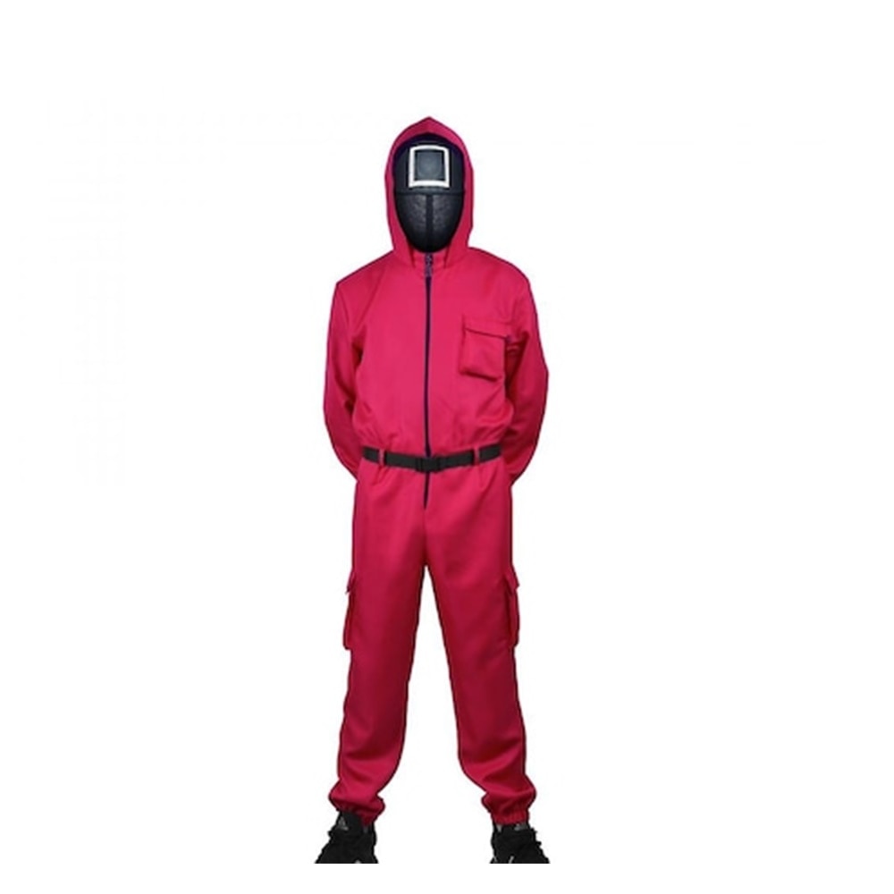 Costum Squid game SIKS®, jocul calamarului, salopeta, curea si masca cu model patrat, marime universala, unisex, rosu
