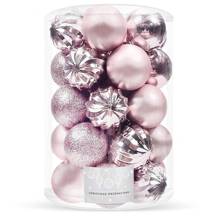 Set globuri de Craciun, 20 bucati, 5 modele, 6cm, roz+