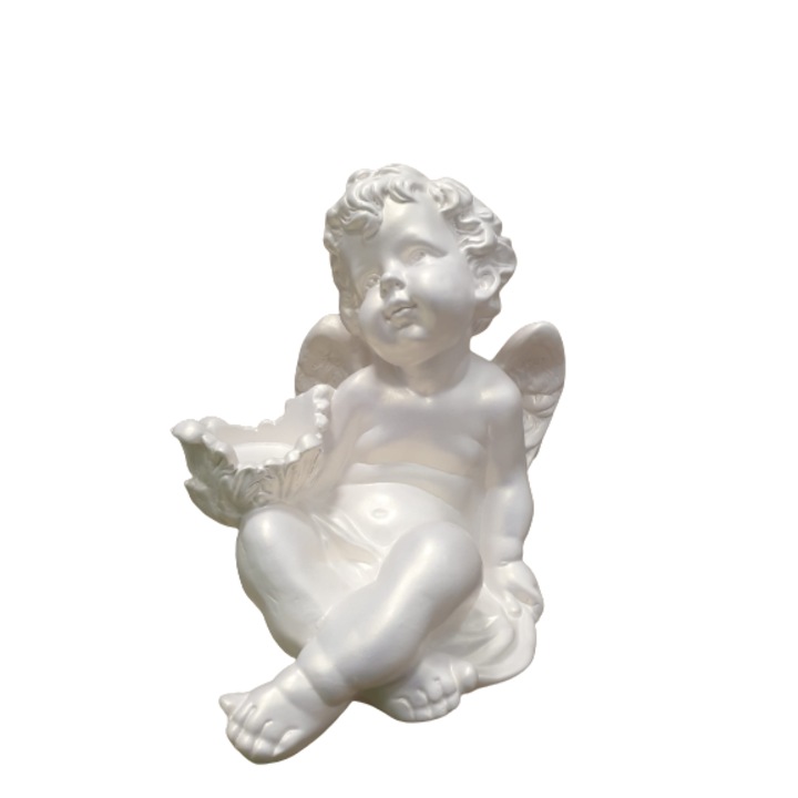 OEM gyanta dísz, angyal kagylóval, 30cm, gyöngyház fehér