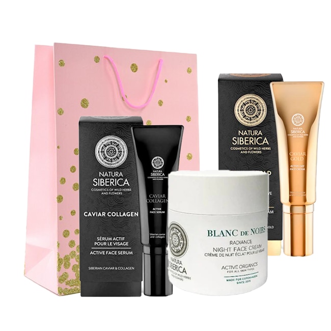 Set Natura Siberica Crema de zi pentru fata Caviar Collagen 30 ml ,Ser activ pentru fata Caviar Collagen 30ml , Crema de noapte radianta pentru fata 50ml