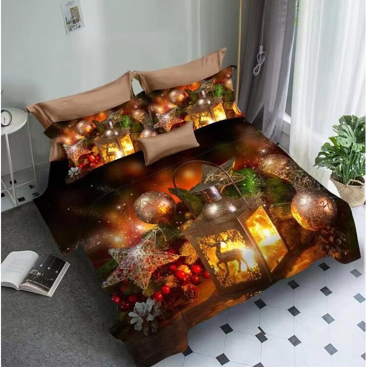 Set Lenjerie Craciun 3D finet 6 piese, 220 x 240 cm, Pucioasa, Felinar V1