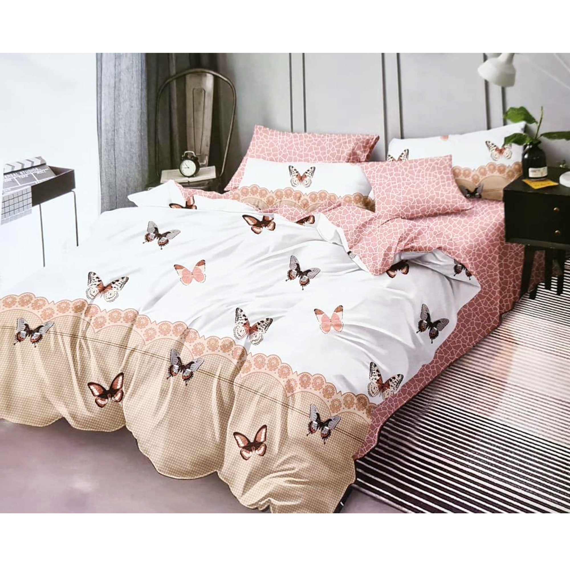 Set lenjerie de pat, Pucioasa, 1persoana, 4 piese, bumbac, fluturi, multicolor