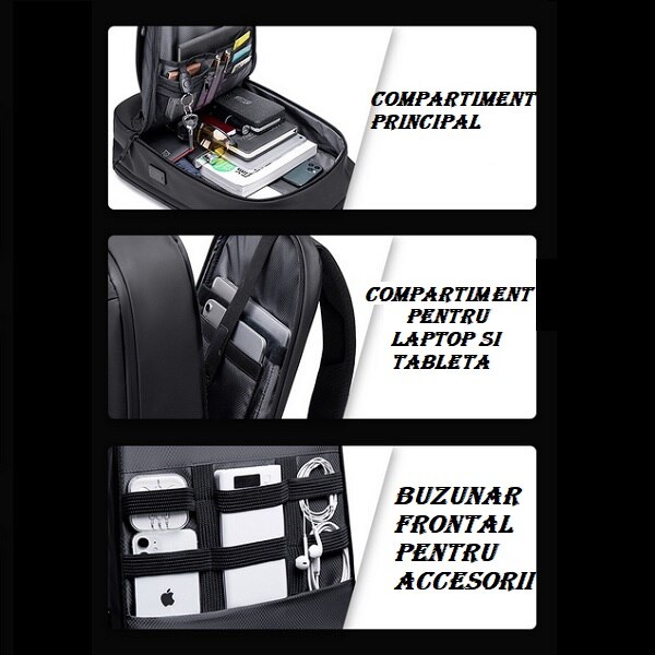 Rucsac laptop Business-Travel Arctic Hunter, impermeabil, port USB, 15.6", negru, model AHB443