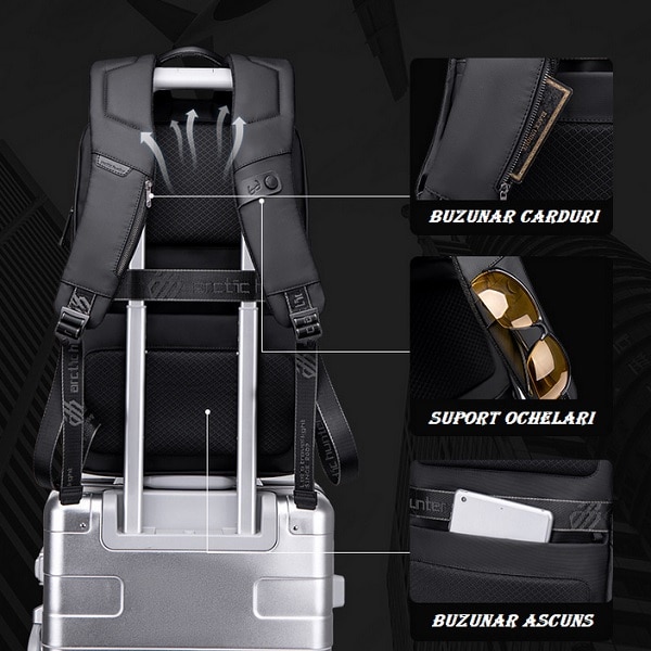 Rucsac laptop Business-Travel Arctic Hunter, impermeabil, port USB, 15.6", negru, model AHB443