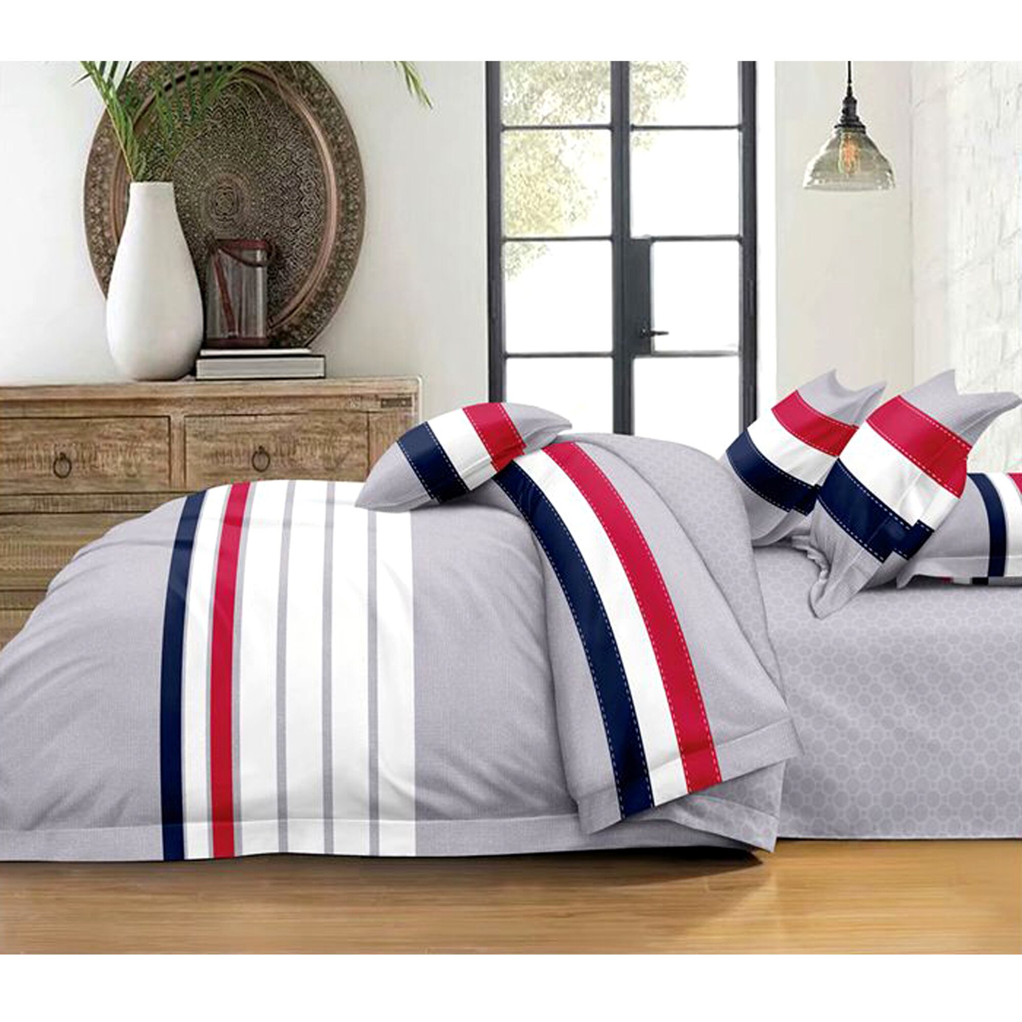 Set lenjerie de pat, Vamira, 2 persoane, 6 piese, bumbac, gri