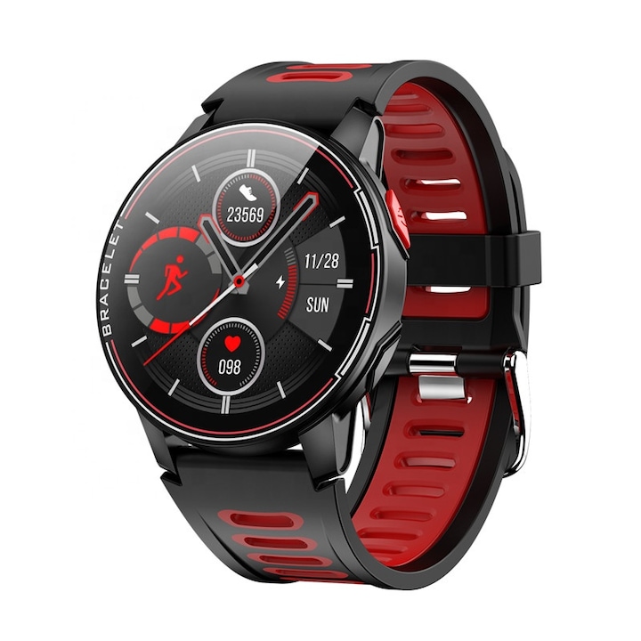 Okosóra Bivier Ultimate Watch, HD érintőképernyő, silicone strap, vízálló, pulzus- és vérnyomásmérés, Piros/Fekete