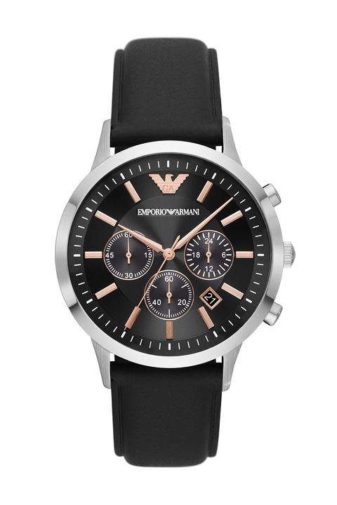 Emporio Armani, Часовник с хронограф и кожена каишка, Черен