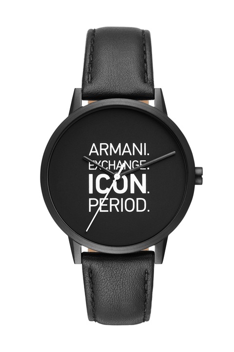 ARMANI EXCHANGE, Часовник с кожена каишка и лого на циферблата, Черен