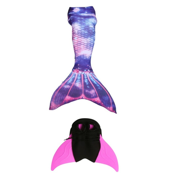 Set 2 piese Costum de baie Sirena Printesa Ariel THK®, coada sirena si fina inot, Alb fildes/Roz, 110 cm