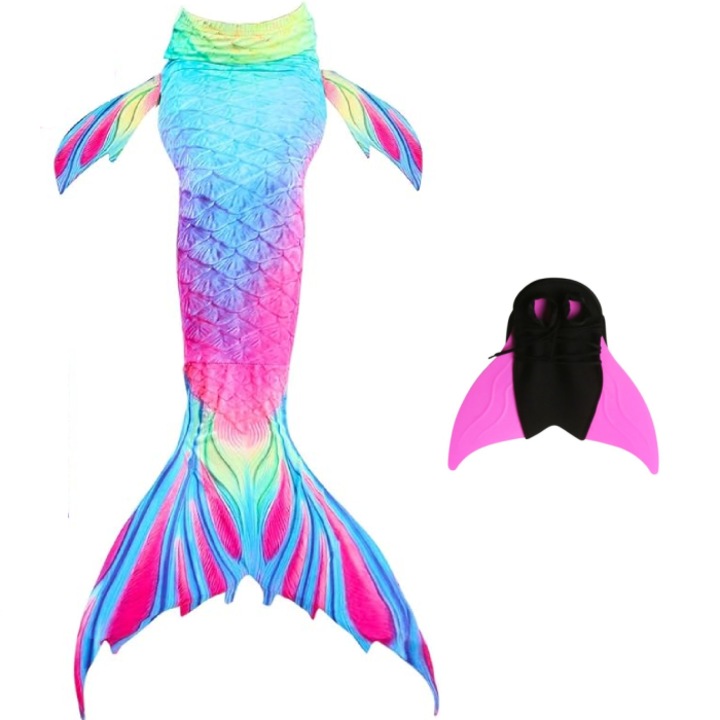 Costum de baie Model Sirena, include si Inotatoarea pentru fixarea cozii, Albastru/Rosu/Alb