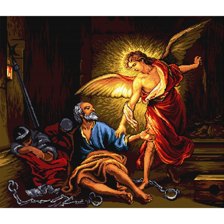 Goblen Petru eliberat de inger , Hudemas , kit cu diagrama alb-negru , cu fire mouline 30x35cm