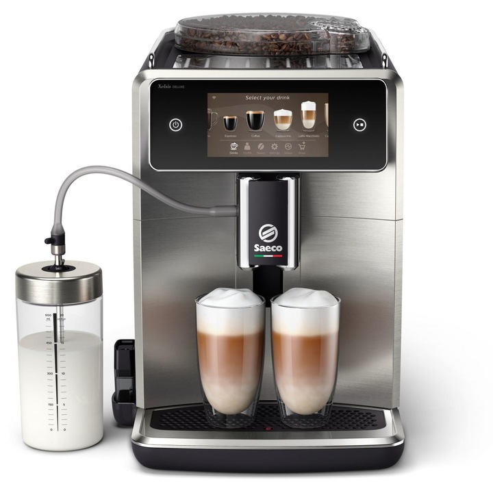 Espressor automat Philips Saeco SM8785/00, 22 tipuri de cafea, 8 profiluri, Ecran color 5.4", Conexiune WI-FI, Tehnologie CoffeMaestro, Argintiu/Negru