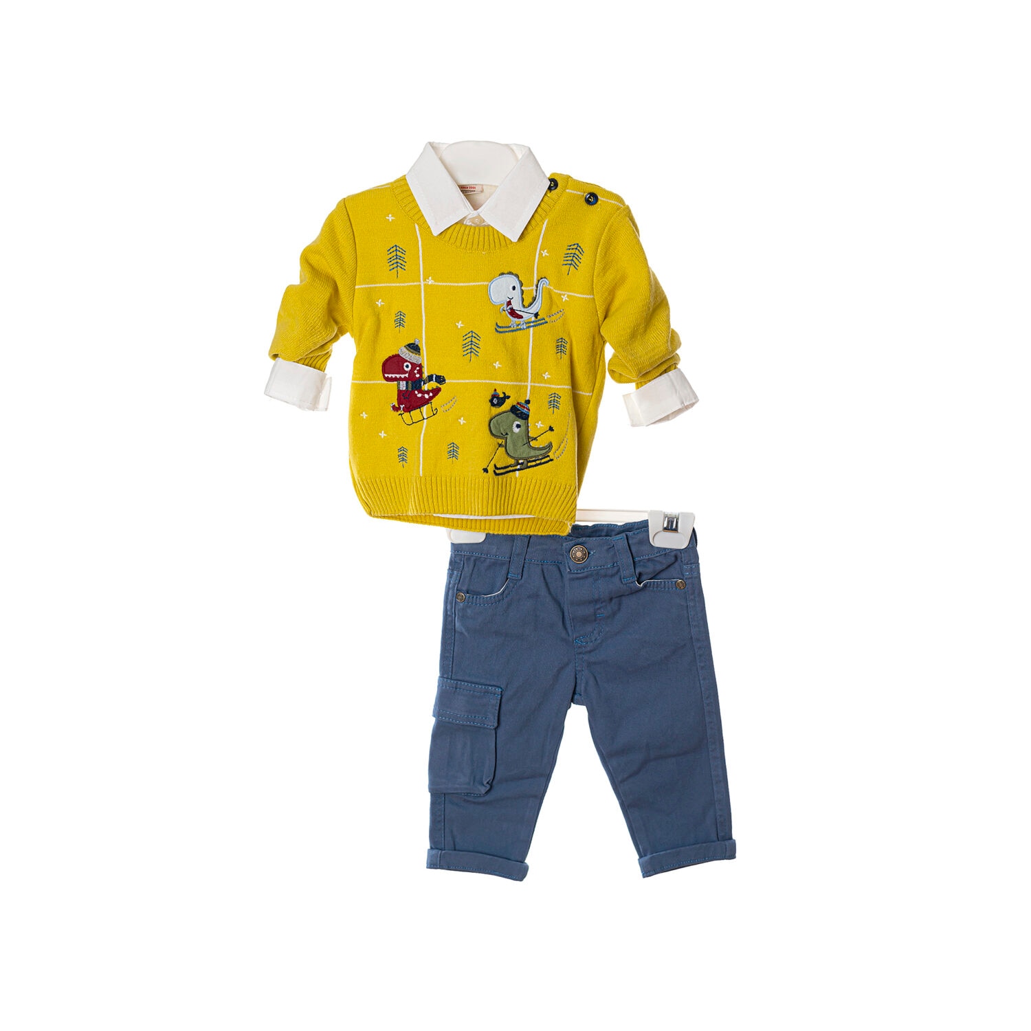 Set pulover camasa pantalon Little Dino, Galben/Albastru