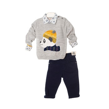 Set pulover camasa pantalon Little Panda, Gri/Negru Set pulover camasa pantalon Little Panda, Gri/Negru