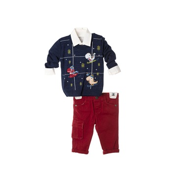 Set pulover camasa pantalon Little Dino, Albastru/Maro Set pulover camasa pantalon Little Dino, Albastru/Maro