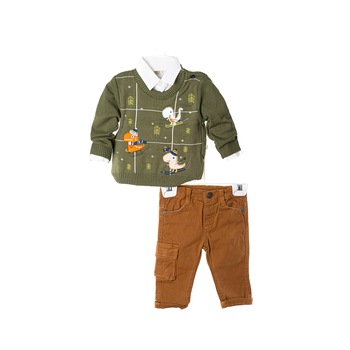 Set pulover camasa pantalon Little Dino, Verde/Maro Set pulover camasa pantalon Little Dino, Verde/Maro