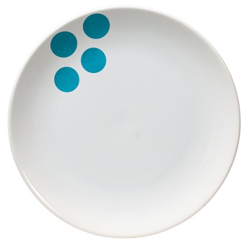 Farfurie intinsa, Cesiro, diametrul 26 cm, Alb Pur cu decor patru buline turcoaz Farfurie intinsa, Cesiro, diametrul 26 cm, Alb Pur cu decor patru buline turcoaz