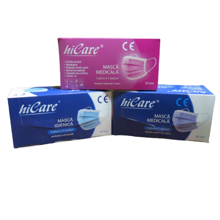 150 doboz HiCare maszk készlet (orvosi maszk készlet BFE> 99%, higiénikus maszk készlet BFE&gt95%), Romániában, 3 réteg, 3 hajtás, fémrúd, többszínű