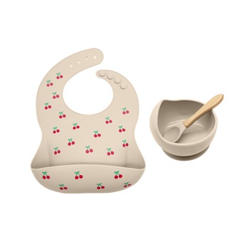 Set hranire bebe din silicon, 1 baveta cu cirese, 1 bol cu ventuza, lingurita din silicon cu maner din bambus, anti-alunecare, diversificare, fara alergeni, beige Set hranire bebe din silicon, 1 baveta cu cirese, 1 bol cu ventuza, lingurita din silicon cu maner din bambus, anti-alunecare, diversificare, fara alergeni, beige