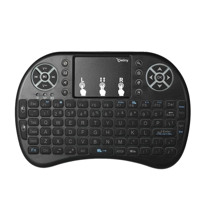 Mini Tastatura wireless, Deliny®, compatibil cu Smart TV, PS3, PC, Android, Linux, Negru