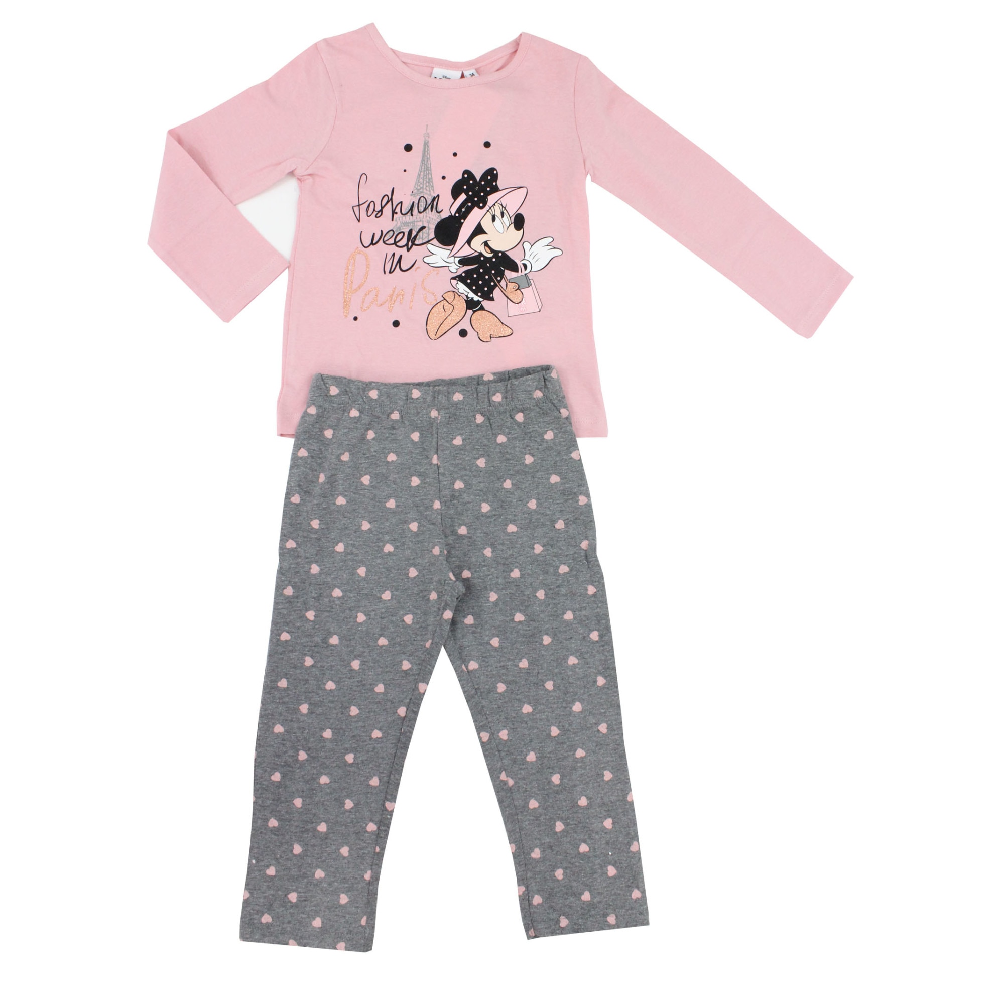 Pijama maneca lunga, bumbac, cu imprimeu, Minnie, Paris, roz
