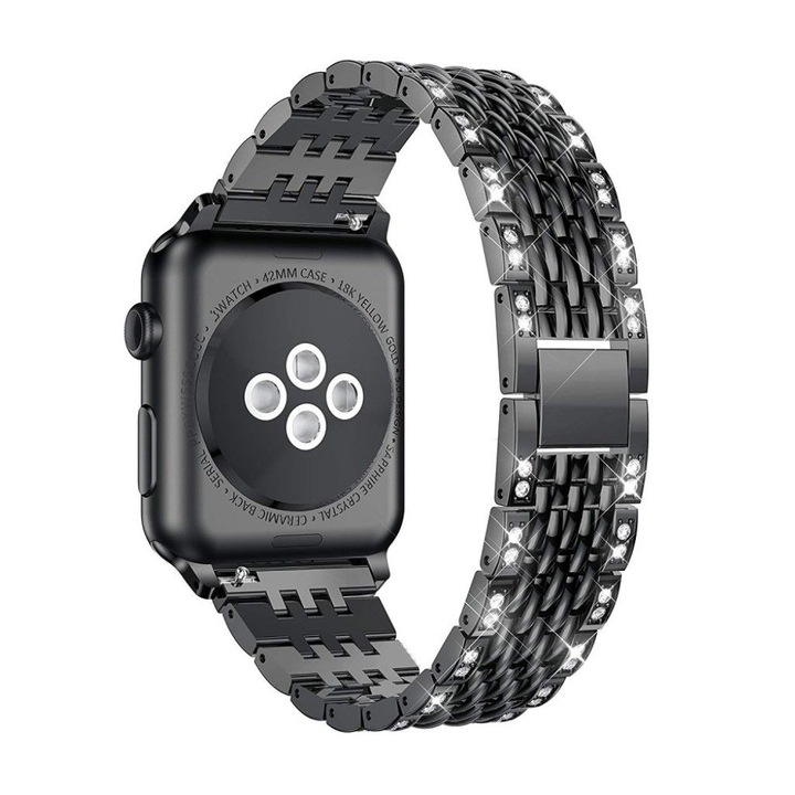 Curea Metalica pentru Apple Watch, MTP, Dragon Skin Metal Loop Insertii Stralucitoare, Compatibila cu Apple Watch 1/2/3/4/5/6/7/SE, Black, 40 mm