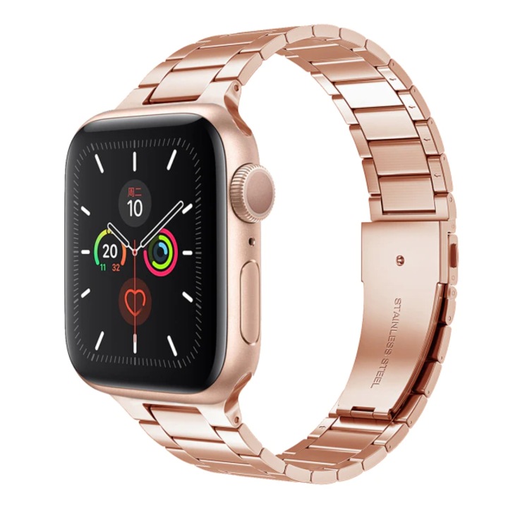 Curea Metalica pentru Apple Watch, MTP, 3 Lynk Metal Loop, Compatibila cu Apple Watch 1/2/3/4/5/6, Model Slim, Super Usor, Rose Gold, 42 mm