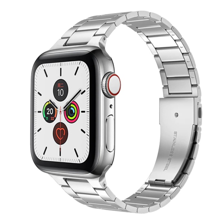 Curea Metalica pentru Apple Watch, MTP, 3 Lynk Metal Loop, Compatibila cu Apple Watch 1/2/3/4/5/6, Model Slim, Super Usor, Silver, 40 mm
