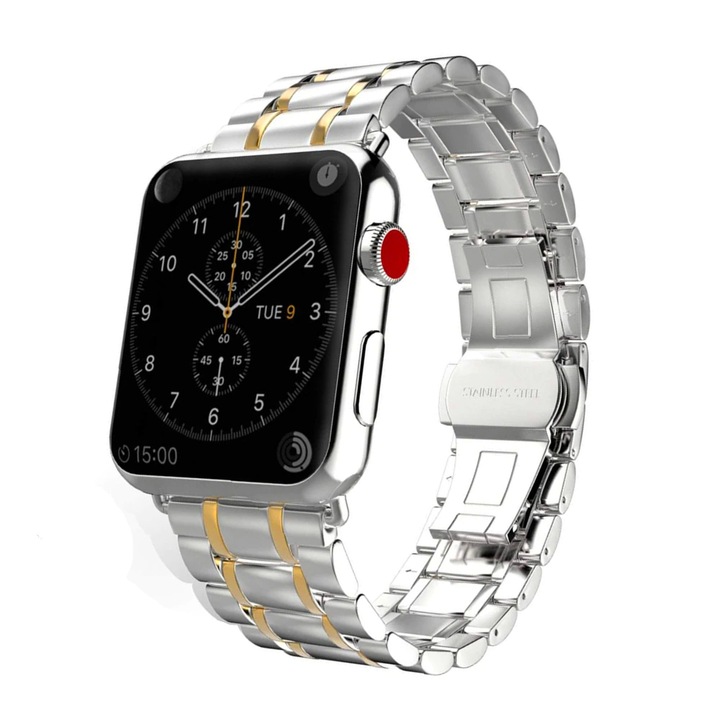 Curea Metalica pentru Apple Watch, 5 Lynk Metal Loop, Mecanism Inchidere Butterfly, Compatibila cu Apple Watch 1/2/3/4/5/6/7, Doua nuante, Silver & Gold, 44 mm
