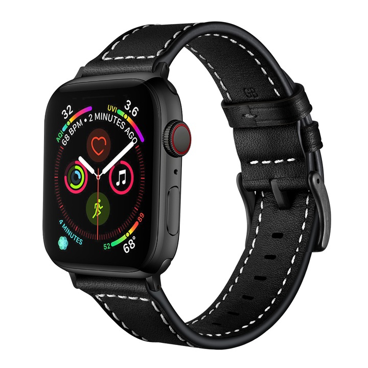 Curea pentru Apple Watch, Piele Naturala, MTP, Leather Loop, Compatibila cu Apple Watch 1/2/3/4/5/67/SE, Negru, Cusatura Alba, 38 mm