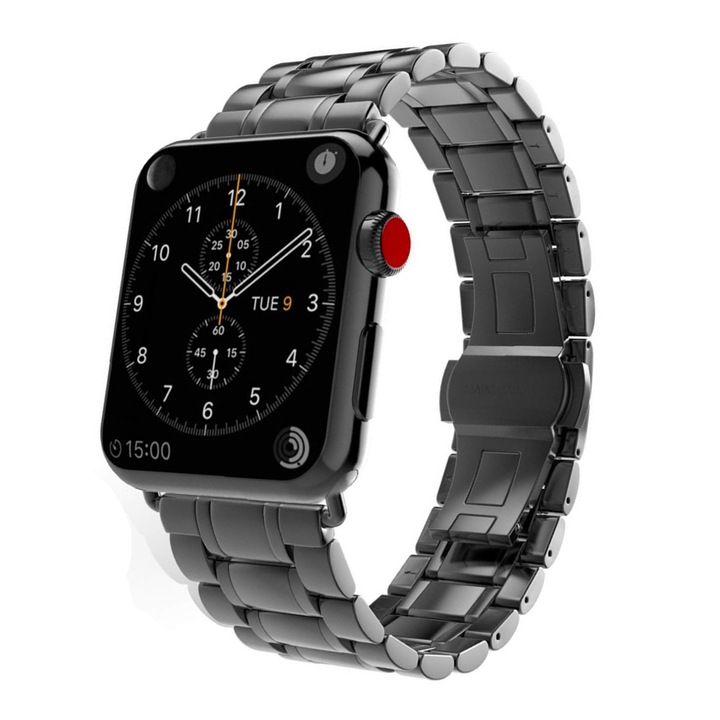 Curea Metalica pentru Apple Watch, 5 Lynk Metal Loop, Mecanism Inchidere Butterfly, Compatibila cu Apple Watch 1/2/3/4/5/6/7, Doua nuante, Black, 42 mm