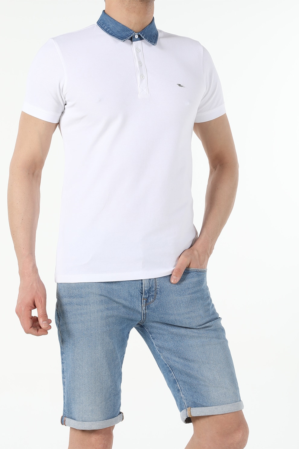 COLIN'S, Tricou polo slim fit cu guler de denim, Alb optic