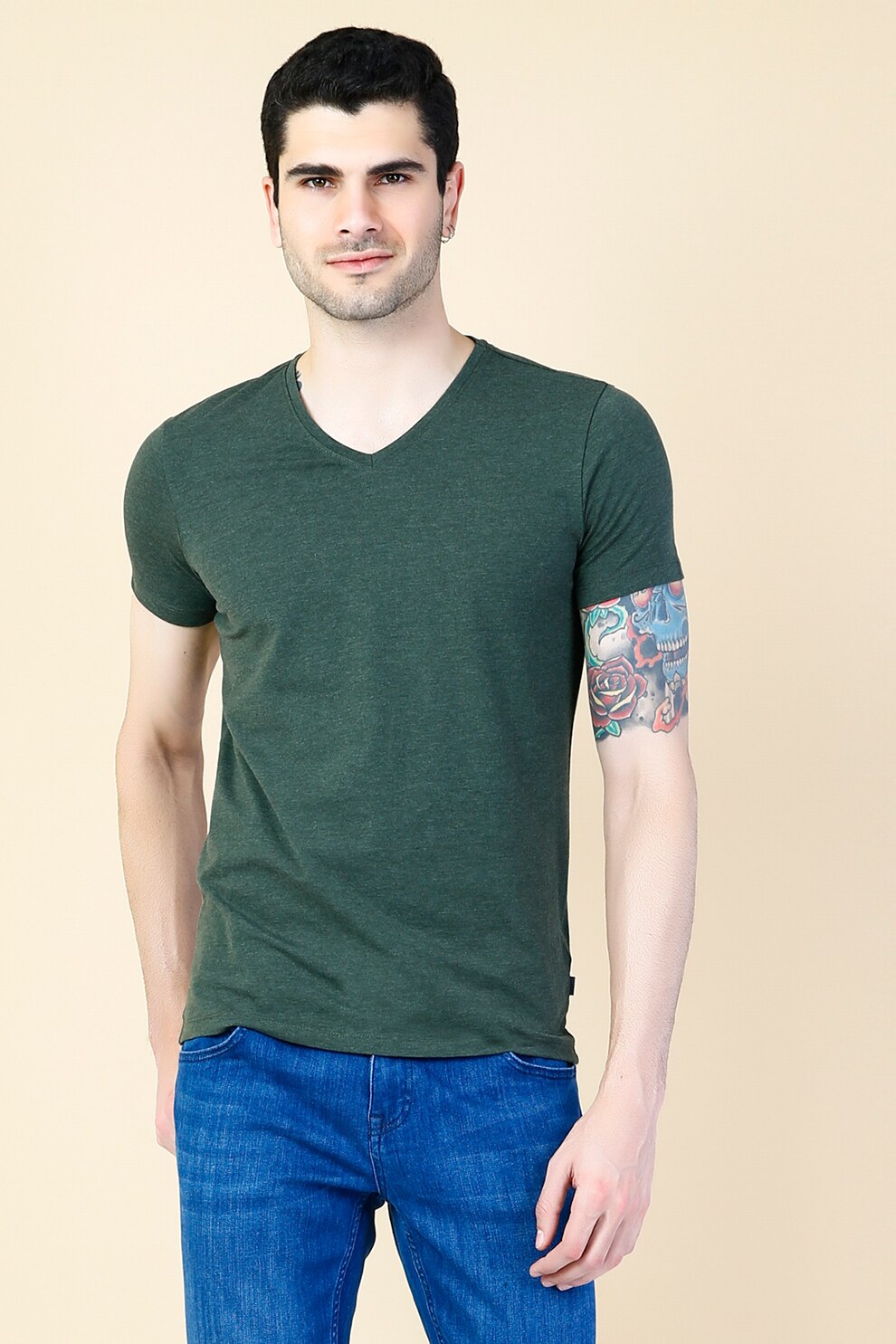 COLIN'S, Tricou slim fit cu decolteu in V, Verde melange