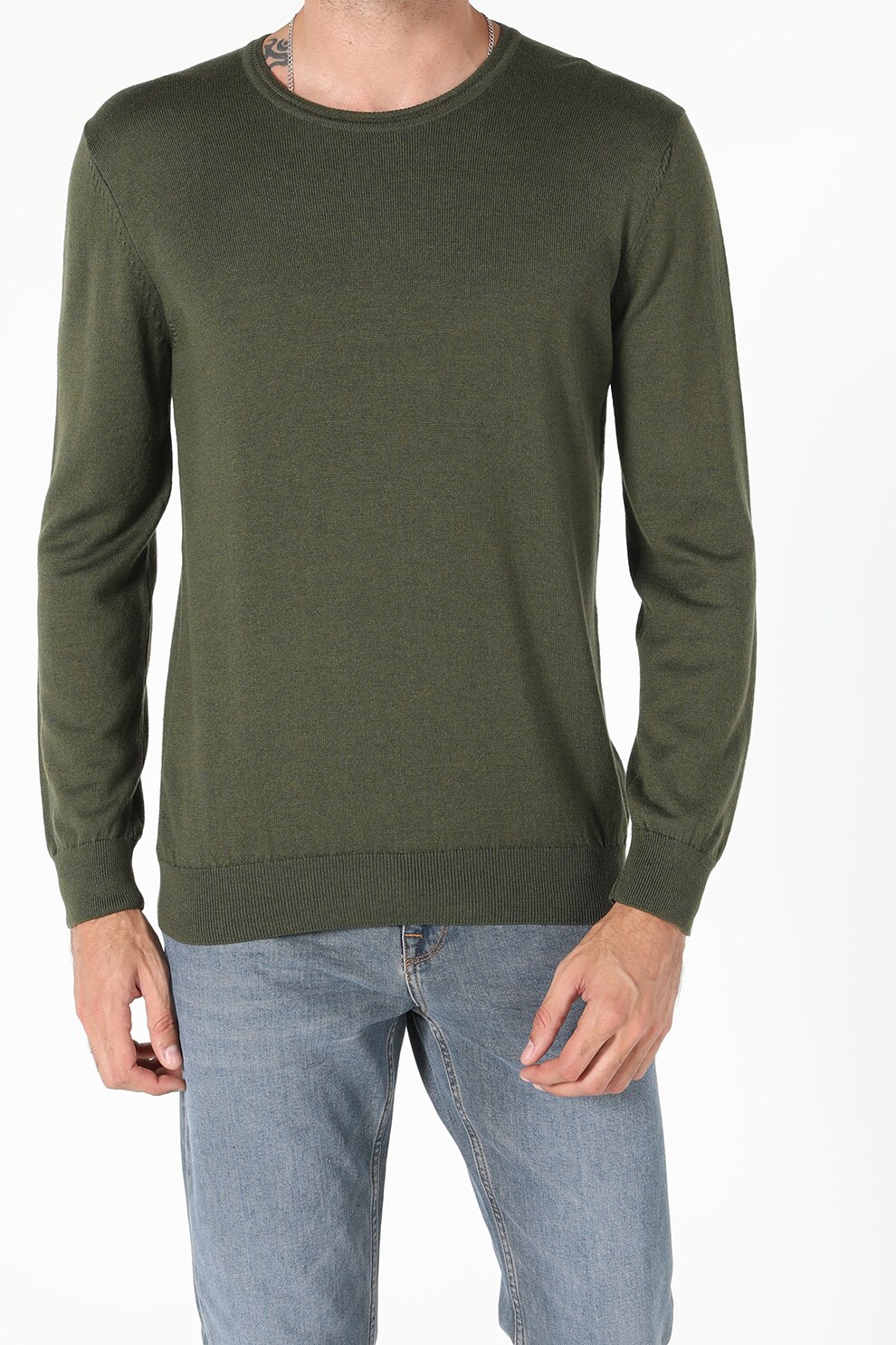 COLIN'S, Pulover tricotat fin cu decolteu la baza gatului, Verde feriga