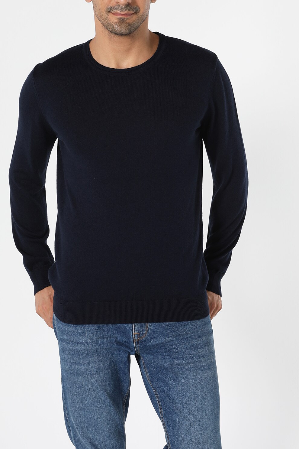 COLIN'S, Pulover tricotat fin cu decolteu la baza gatului, Bleumarin inchis