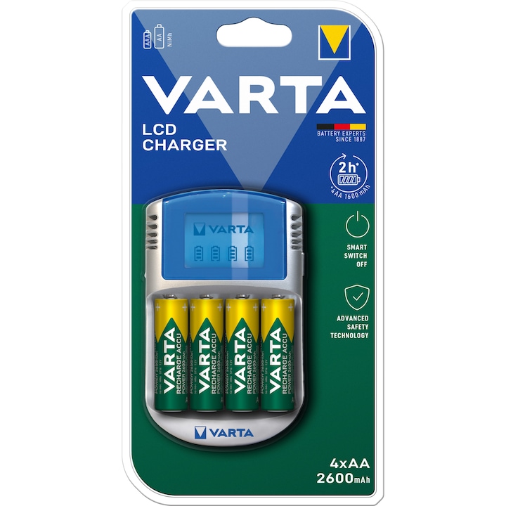 VARTA LCD töltő + 4 db AA 2600mAh akkumulátor +12V & USB