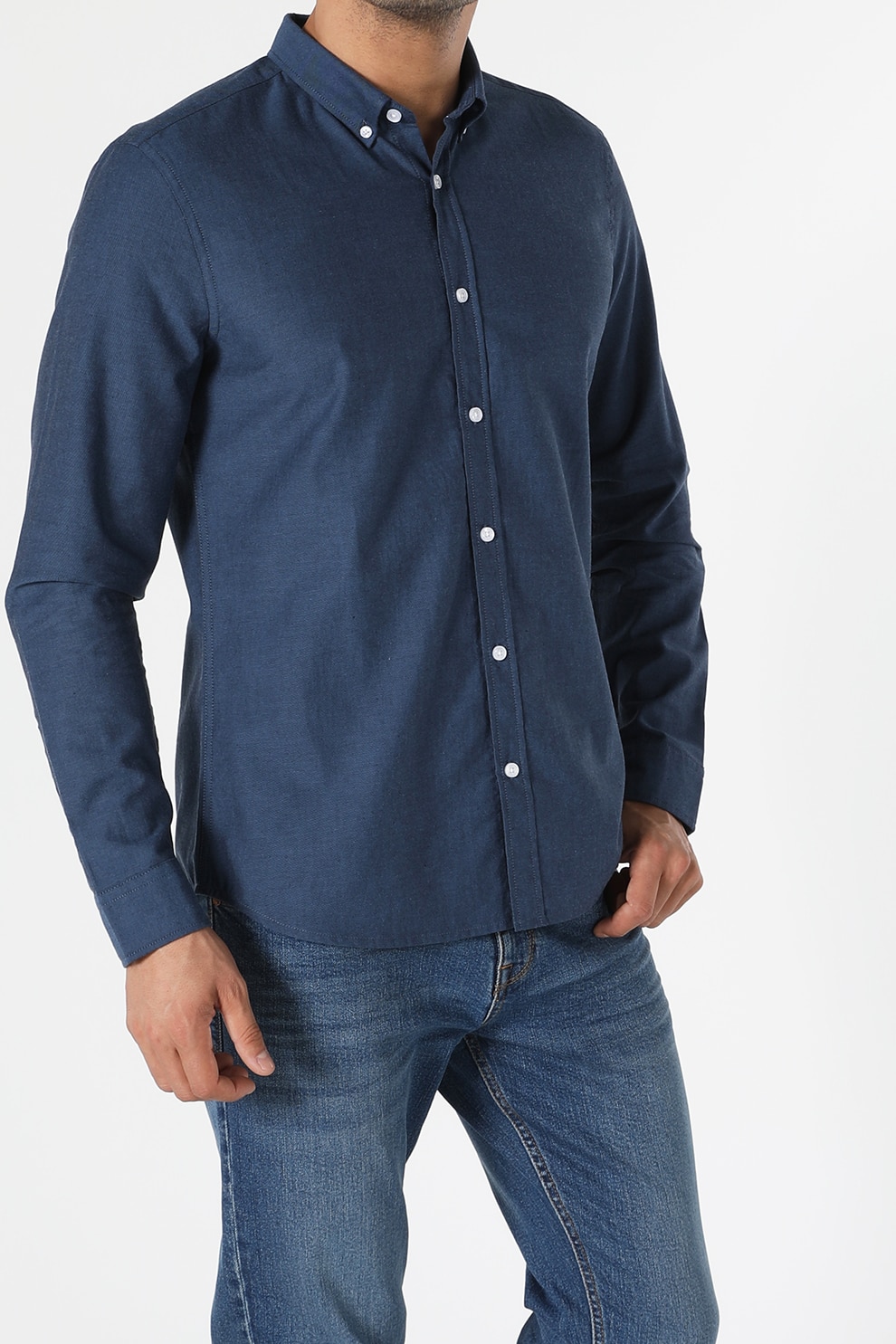 COLIN'S, Camasa slim fit cu guler fixat cu nasturi, Albastru inchis