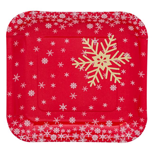 Set 6 farfurii din carton, Zola®, rosii patrate, cu fulgi, 18 cm