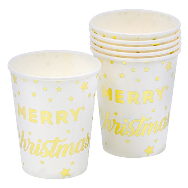 Set 6 pahare din carton, Zola®, albe, Merry Christmas, 270 ml