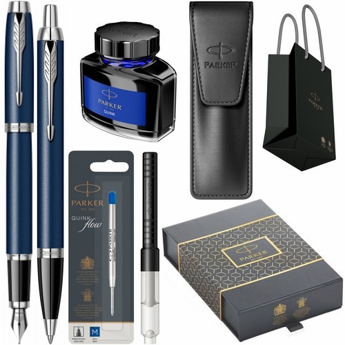 Set Parker Stilou Pix IM Royal Matte Blue CT Personalizat prin Gravura Laser in cutie duo, cu convertor montat, etui Leather Black, rezerva mina pix Quink Flow Blue, calimara cerneala si punga