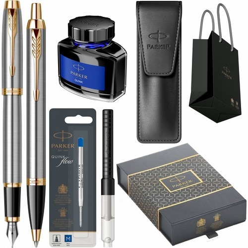 Set Parker Stilou Pix IM Royal Brushed Metal GT Personalizat prin Gravura Laser in cutie duo, cu convertor montat, etui Leather Black, rezerva mina pix Quink Flow Blue, calimara cerneala si punga